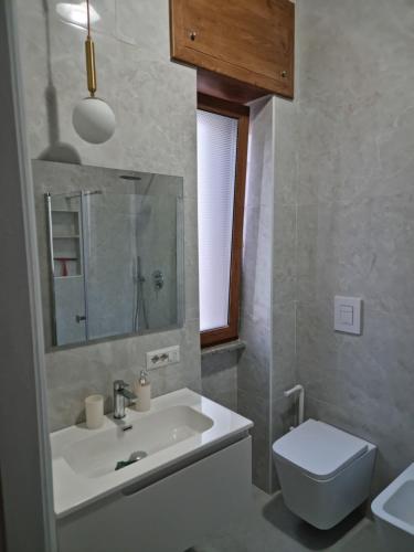 ein Badezimmer mit Waschbecken, Toilette und Spiegel in der Unterkunft Vieste Holiday Homes - Appartamento Vacanze Centro Luxury con balcone a pochi passi dal mare in Vieste