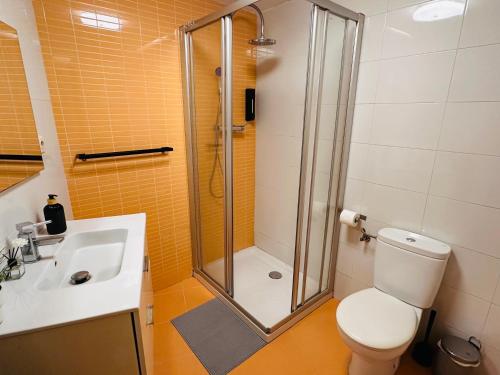 un bagno con doccia, WC e lavandino di El Mirador de la Catedral a Huesca