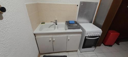 une petite cuisine avec un évier et une cuisinière dans l'établissement Residence Jules Ferry, Appartement 4, à Angoulême