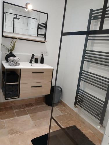 a bathroom with a sink and a mirror at Maison du Bonheur, gîte Les Tilleuls in Le Pin