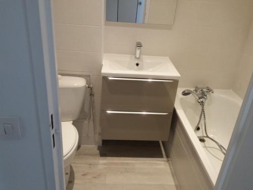 une salle de bain avec un lavabo, des toilettes et une baignoire dans l'établissement Studio Peyrou Arceaux, à Montpellier