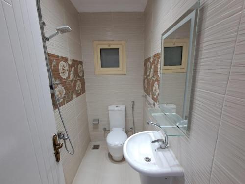 a bathroom with a toilet and a sink and a mirror at شقة فندقية بالشيخ زايد الخمائل in Kafr Abū ʼumaydah