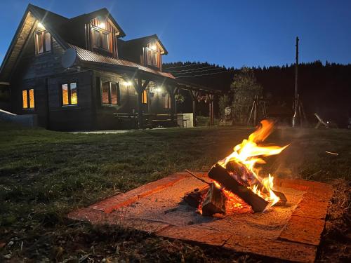 a fire pit in a yard in front of a house at Brvnara Rajkova koliba - STD Bojovići Zlatar in Nova Varoš