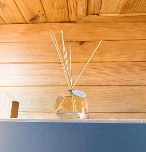 a vase with sticks in it sitting on a shelf at Chalet Des Charmes in Thollon