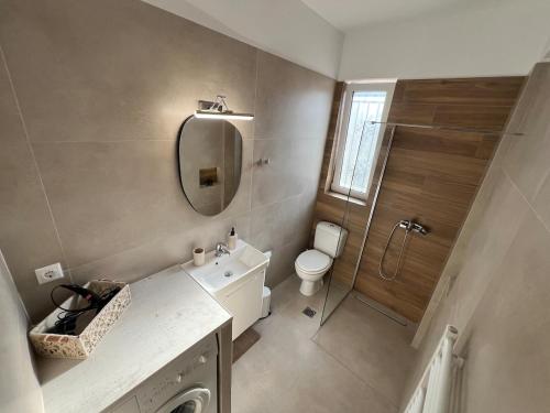 a bathroom with a toilet and a sink and a mirror at Lithos Apartment in Artemida
