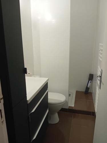 une salle de bain blanche avec des toilettes et un lavabo dans l'établissement Studio centre-ville, à Uzès