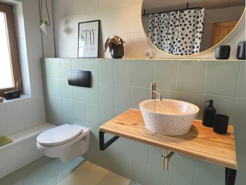un bagno con lavandino e WC di It's Gunneby nice - Ferienwohnung a Ulsnis