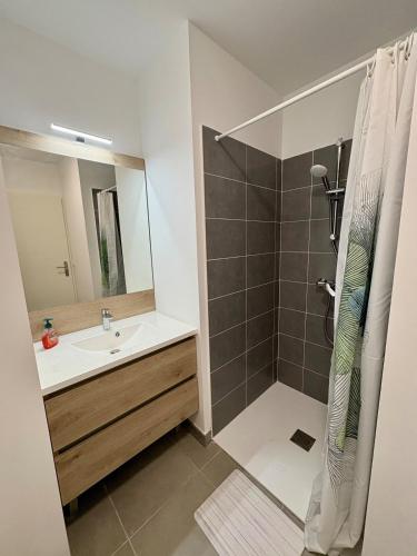 une salle de bain avec un lavabo et une douche dans l'établissement Appartement 2 chambres à 600m de l'Océan, à Mimizan-Plage