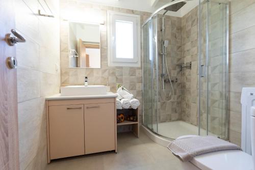 a bathroom with a shower and a sink and a toilet at Eleonas Country House in Marantochori