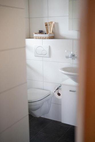 a white bathroom with a toilet and a sink at Chalet Grittli in Beckenried