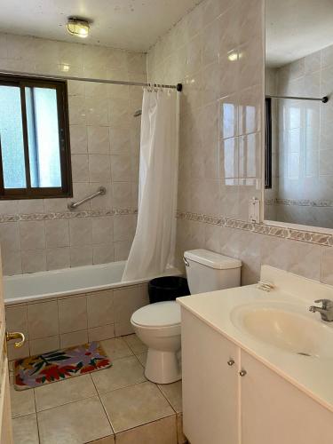 a bathroom with a toilet and a tub and a sink at BB Casita Blue Hotel in Santiago