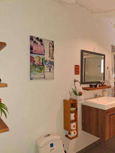 a bathroom with a sink and a mirror and a toilet at Casita Tres Trapi in Noord