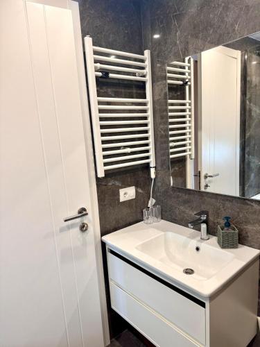 a bathroom with a white sink and a mirror at Tirana Lake Spacious Apartment in Sauk