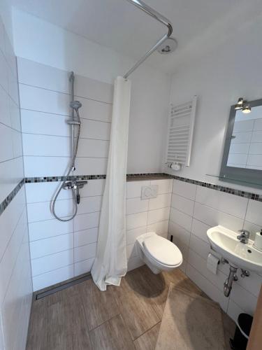 a bathroom with a toilet and a shower and a sink at Ferienwohnung Alte Brauerei in Leipzig