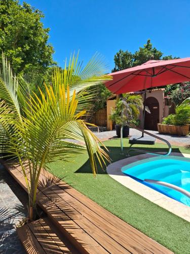a palm tree and an umbrella next to a swimming pool at Casita Tres Trapi in Noord