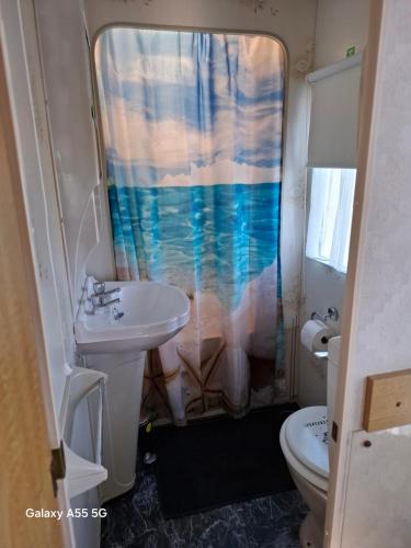 a bathroom with a sink and a toilet and a shower curtain at Mackies Memories. in Hemsby