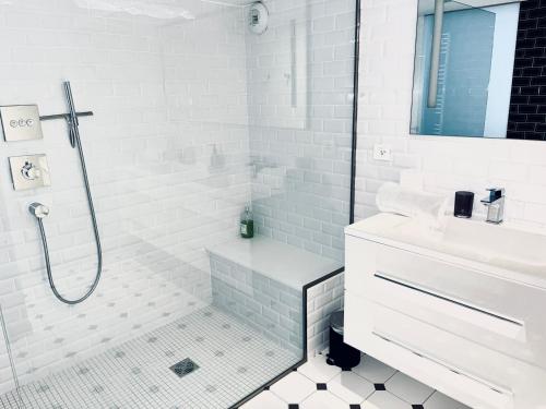 une salle de bain blanche avec une douche et un lavabo dans l'établissement Loft Saint Thomas - Petite France, à Strasbourg