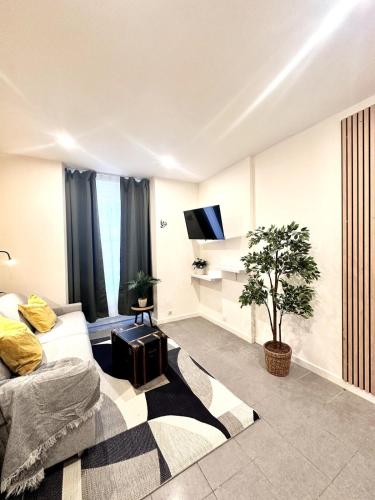 un salon avec un canapé et une télévision dans l'établissement Le coeur Jaune de Mulhouse, à Mulhouse