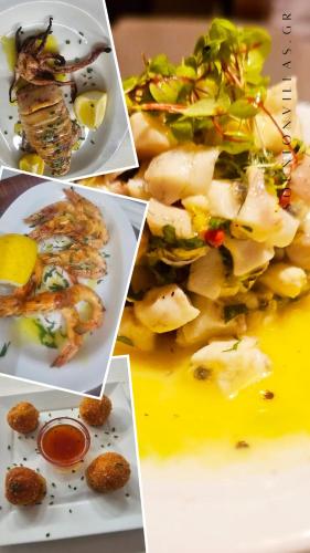 a collage of four pictures of different types of food at Poseidon Apartments and Villas by the Sea in Sounio