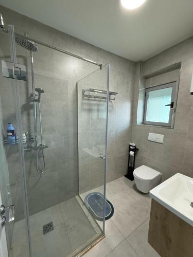 a bathroom with a shower and a toilet at STAY-FIVE rooms & apartments in Shkodër
