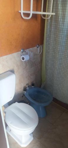a bathroom with a white toilet and a blue bidet at Loft Necochea in Necochea