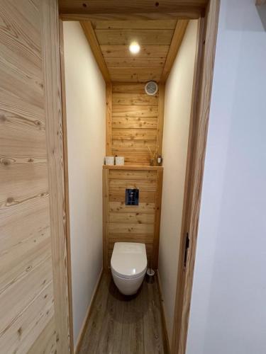 - une petite salle de bains avec toilettes dans une chambre en bois dans l'établissement Résidence Albane, T3 entièrement refait, à Vars
