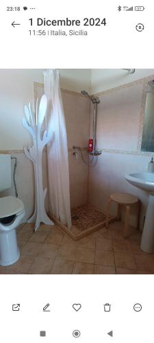 a bathroom with a shower with a toilet and a sink at Taormina Villa Ibiscus Alcantara in Gaggi