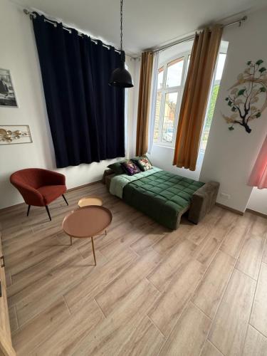 un salon avec un canapé vert et une table dans l'établissement Grand F2 centre-ville, parking privée, à Auxerre