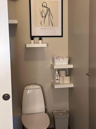 bagno con servizi igienici e una foto appesa al muro di East Guesthouse a Egilsstadir
