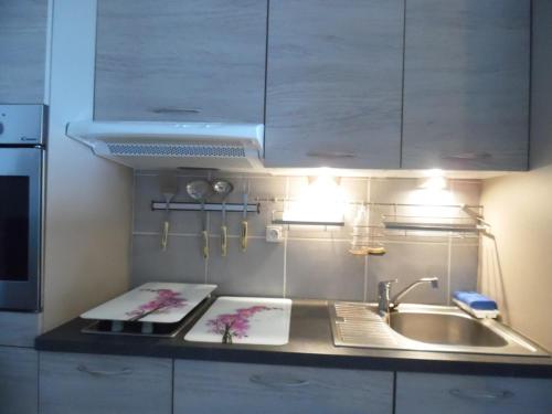 une cuisine avec un évier et un plan de travail dans l'établissement Studio cabine vue mer, WiFi, parking sécurisé - FR-1-750-81, à Canet