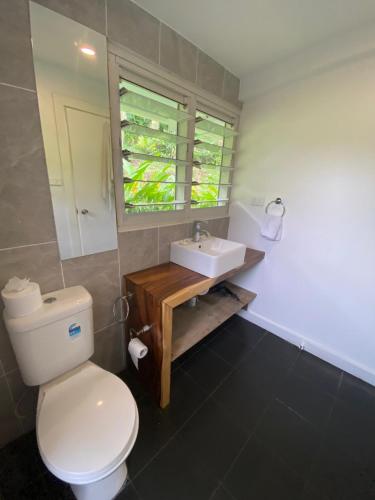 a bathroom with a white toilet and a sink at Waterfront modern 3br home Vale Ni Vonu in Nggathavulu