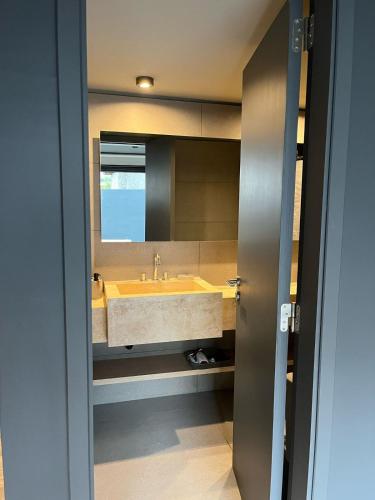 a bathroom with a sink and a mirror at Edificio Pantera - monoambiente de diseño in San Martín de los Andes