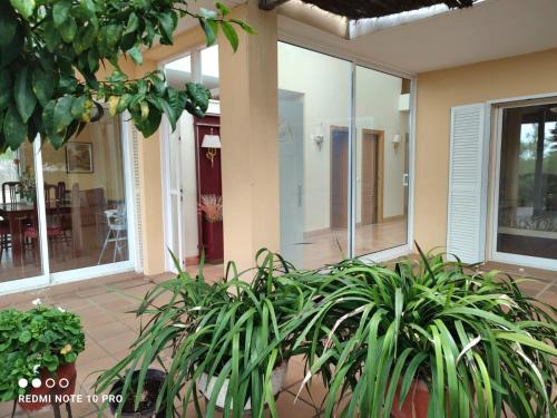 a house with glass doors and plants on a patio at Villa ALVAMAR in Blanes