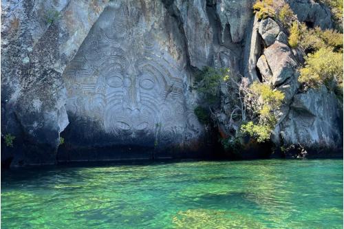 a cave with a stone face on the side of a cliff at The Point Villas in Taupo