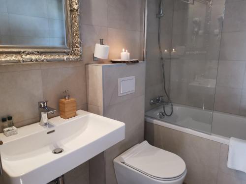 a bathroom with a sink and a toilet and a mirror at Etno Garden Apartments in Plitvička Jezera