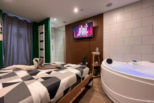 - une chambre avec un grand lit et une baignoire dans l'établissement Chambre cosy avec entrée indépendante Balnéo 2p, à La Celle-sur-Morin