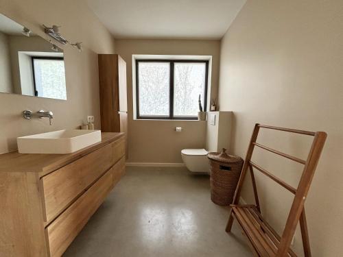 a bathroom with a sink and a toilet at Gezellig gezinsverblijf op het platteland in Jabbeke