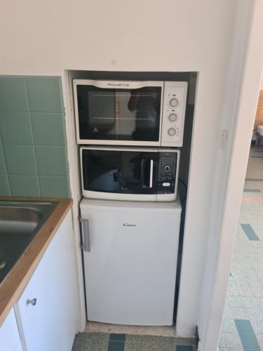 Un four micro-ondes est installé au-dessus d'un réfrigérateur. dans l'établissement PLEIN CENTRE VILLE, parking gratuit, à Gap