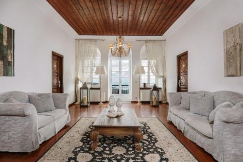 a living room with two couches and a coffee table at Despotiko in Portariá