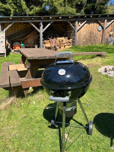 a grill sitting in the grass next to a picnic table at Rodinné apartmány Rafael Bedřichov in Bedřichov