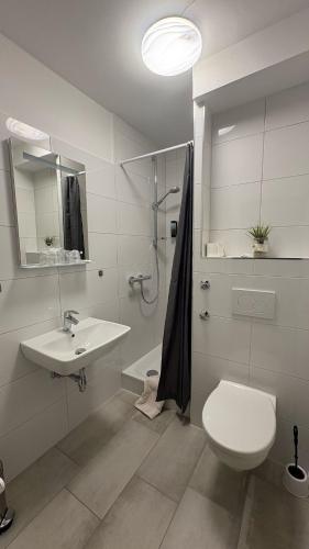 a bathroom with a toilet and a sink and a shower at Hotel Windspiel in Grömitz