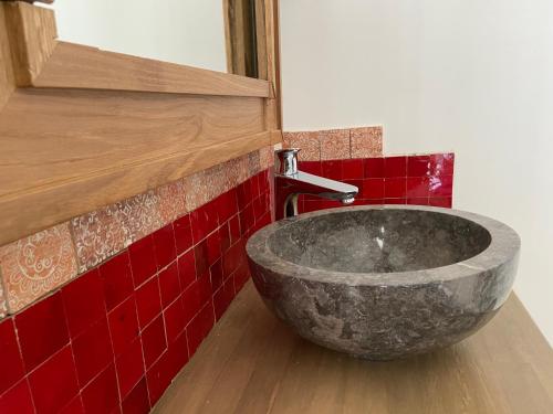 a bathroom with a stone sink and red tiles at Le Passagran in Boën