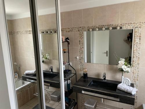 une salle de bain avec deux lavabos et un miroir dans l'établissement petit paradis au soleil, à Narbonne