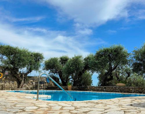 a swimming pool with a metal handrail next to trees at Spartilas Villas in Pyrgi