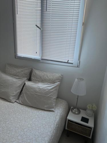 - une chambre avec un lit doté d'une fenêtre et d'une lampe dans l'établissement Location proche de toute commodités à 1 minute du tramway et à 9 min de centre ville et parking gratuit dans résidence privée, à Nice