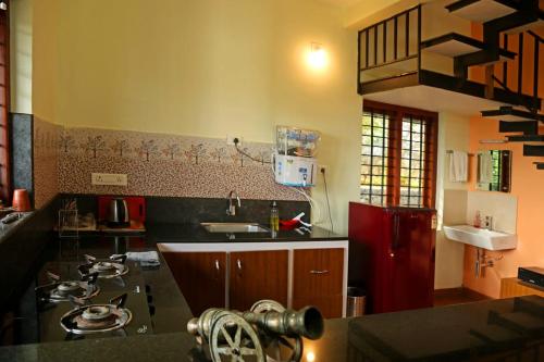 a kitchen with a stove and a red refrigerator at Karapuzha Water Scapes in Wayanad