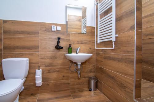 a bathroom with a toilet and a sink at Penzion Anareta in Frýdek-Místek
