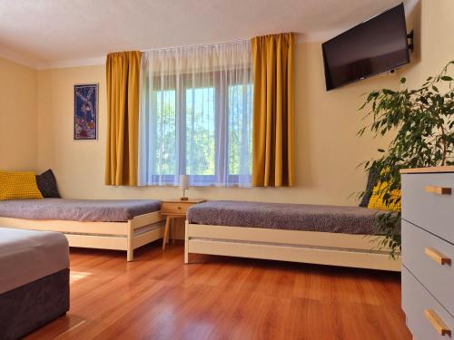 a room with two beds and a tv at Ubytovanie Klinger - chata nad jazerom in Banská Štiavnica
