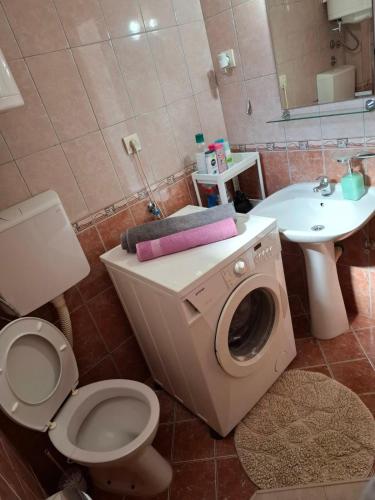 a bathroom with a toilet and a sink and a washing machine at Apartman DADO in Mrčevac
