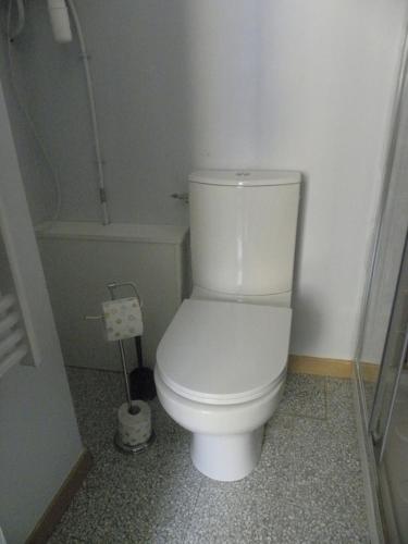 a bathroom with a white toilet in a room at GitesLuberon 1 studio in Charleval